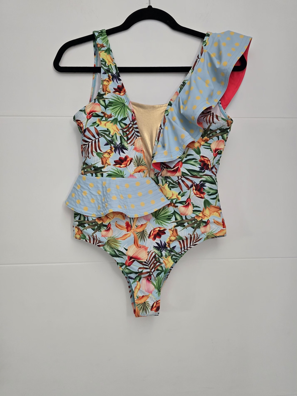 Tropical Floral Ruffle One Piece Swimsuit M Gold Plunge